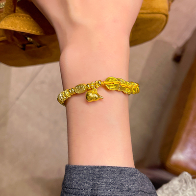 黄金色五帝铜钱手链女款2025新款古法沙金盘缠手串新中式葫芦手饰