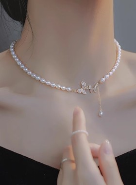 梦幻蝴蝶珠珠项链女款高级感锁骨链2025新款爆款气质毛衣颈链配饰