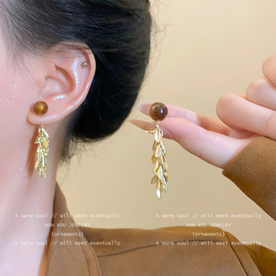 金色羽翼~美拉德虎眼石麦穗流苏耳环女秋冬高级感耳钉方圆脸耳饰