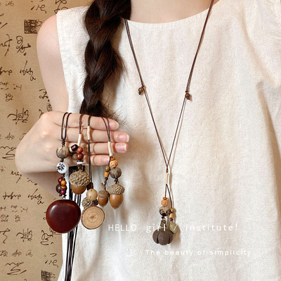 复古森系长款木质吊坠项链女秋冬高级感毛衣链民族风衣服装饰配饰