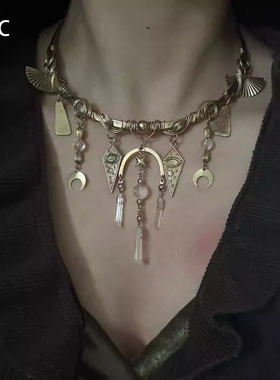 复古金色几何月亮流苏项链中古时尚个性独特小众感choker锁骨链