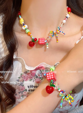 苹果乐园~彩色多巴胺串珠蝴蝶结项链女款可爱甜美小众设计锁骨链