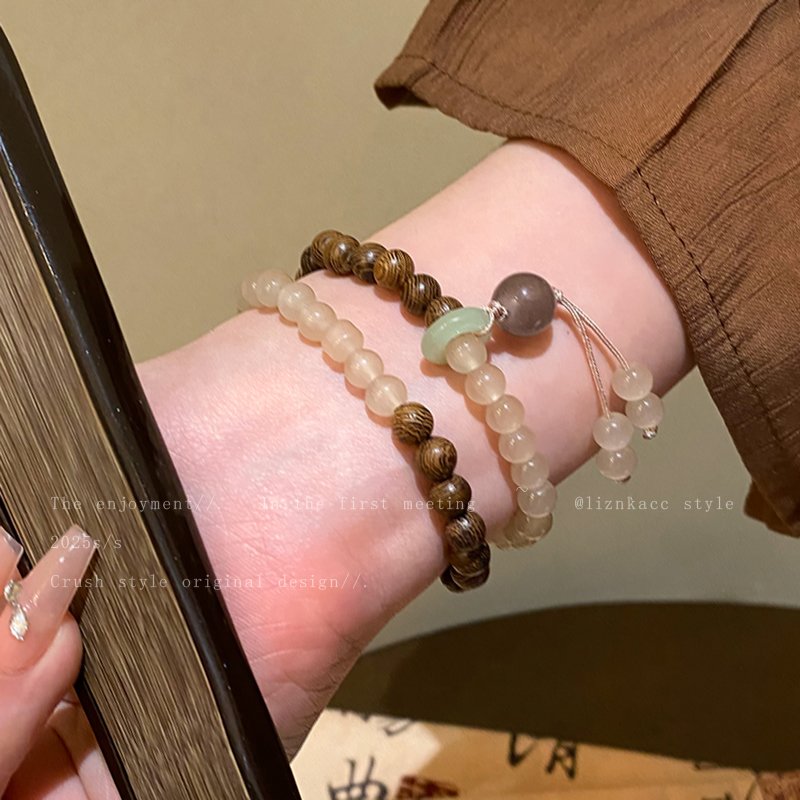 新中式木纹撞色串珠手链时尚复古仿玉石平安扣双层气质手串手饰品