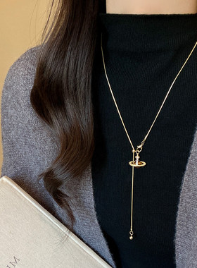 美拉德虎眼石土星项链女轻奢高级感长款毛衣链可调节抽拉挂脖配饰