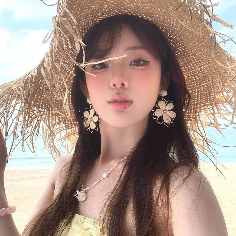 春季度假风草编太阳花朵耳环女小众轻奢高级感耳钉耳饰无耳洞耳夹