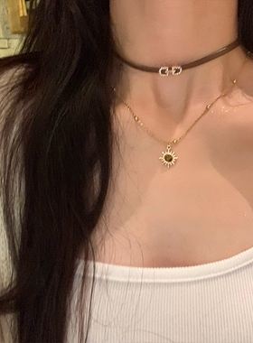 早秋美拉德pu皮虎眼石叠戴choker项链女高级精致毛衣链锁骨链颈链