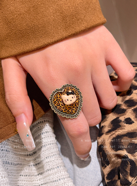 复古古着辣妹千禧风豹纹爱心指环时尚个性造型首饰戒指2025新配饰
