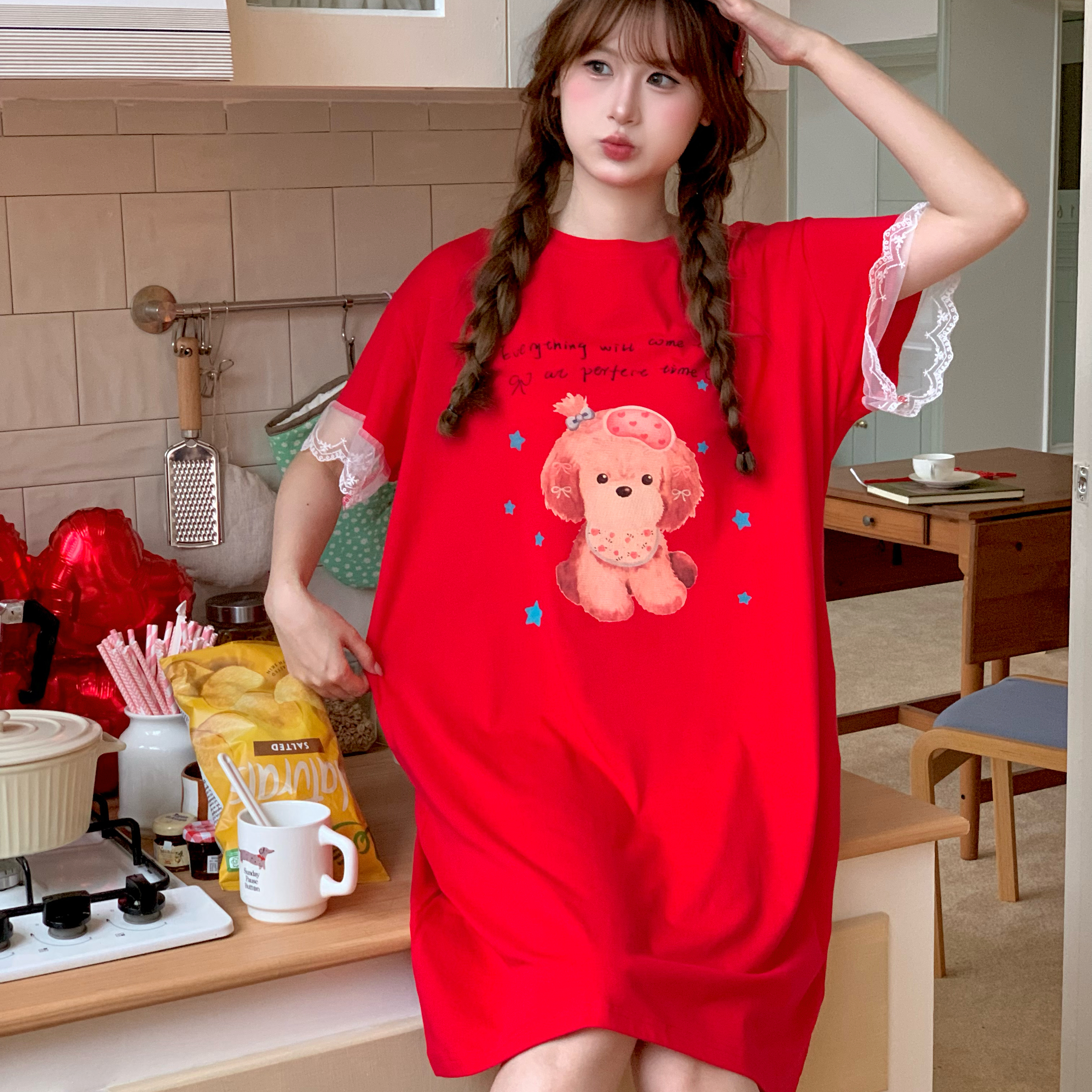 可爱卡通小狗印花短袖睡裙女大红色夏季宽松舒适薄款家居睡衣裙