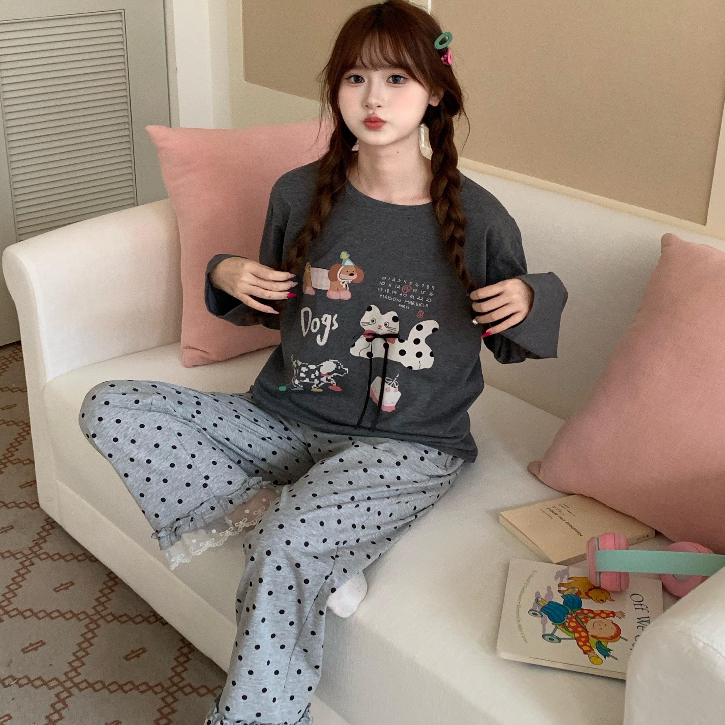 秋季新款卡通图案蕾丝边波点长袖长裤可外穿家居服睡衣套装