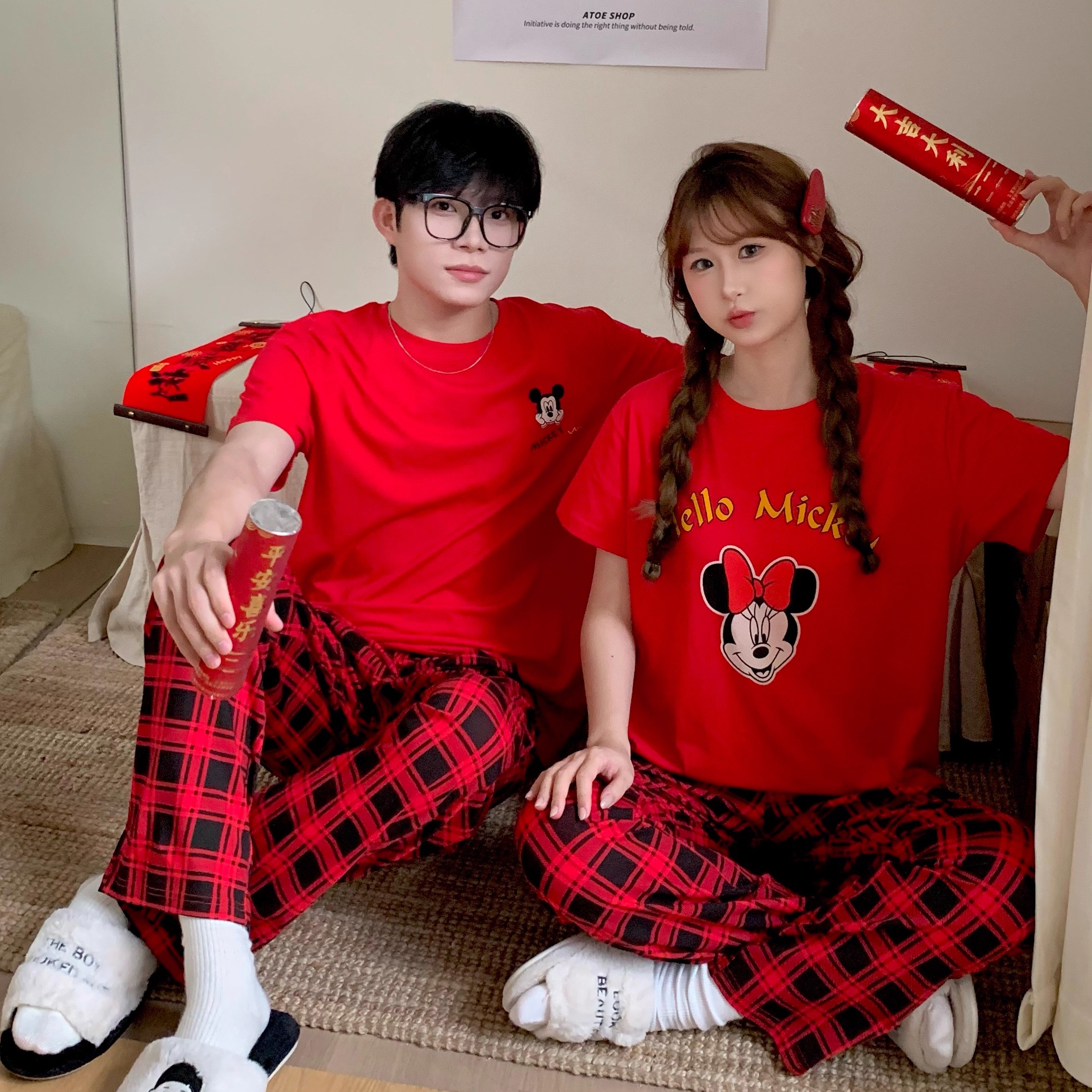 大红色米奇卡通情侣睡衣男女本命年可爱情侣家居服套装