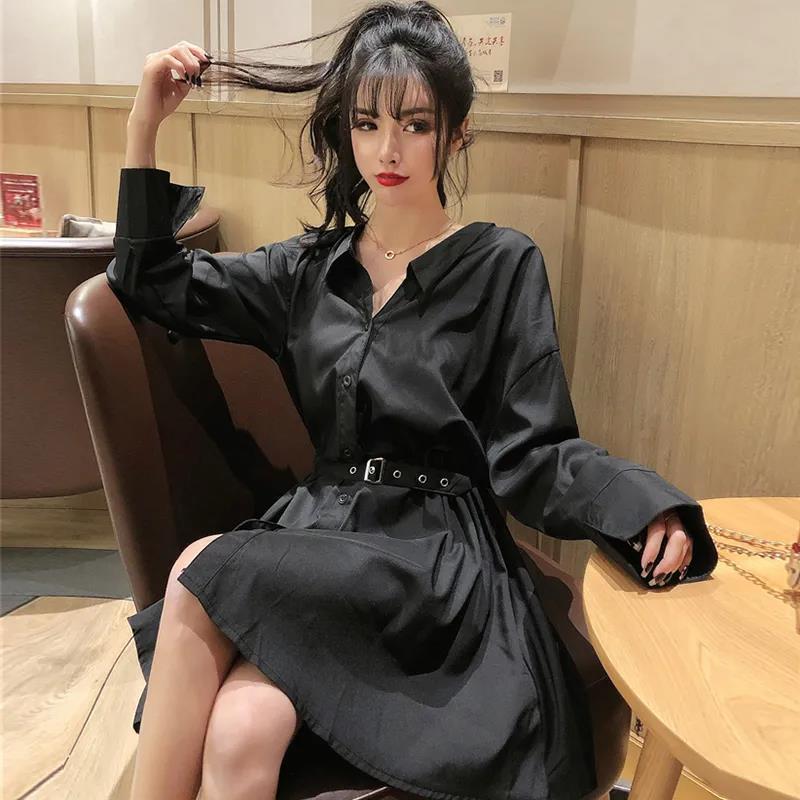 韩版黑色连衣裙百搭春秋季a字裙