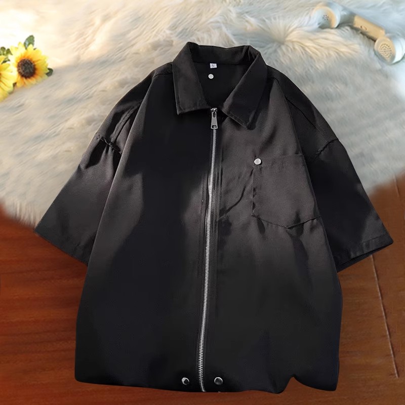 短袖衬衫宽松百搭黑色工装外套夏