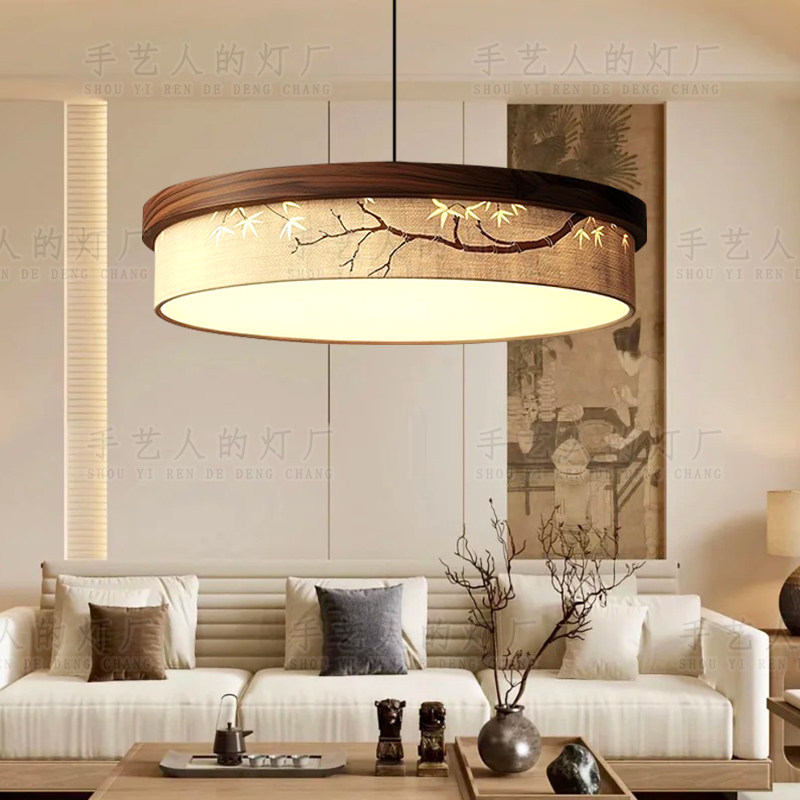 新中式宋代美学圆形禅意中式竹叶绘画客厅餐厅卧室书房布艺吊灯,家装灯饰光源,餐厅吊灯,淘宝优惠券,粉丝福利购,淘宝优惠卷