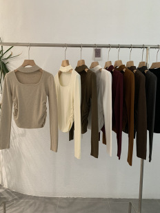 显瘦针织衫 修身 立领挂脖镂空露锁骨双侧褶皱纯色长袖 2024