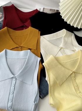 2025法式polo领针织红色背心女夏修身紧身高级感辣妹无袖短款上衣