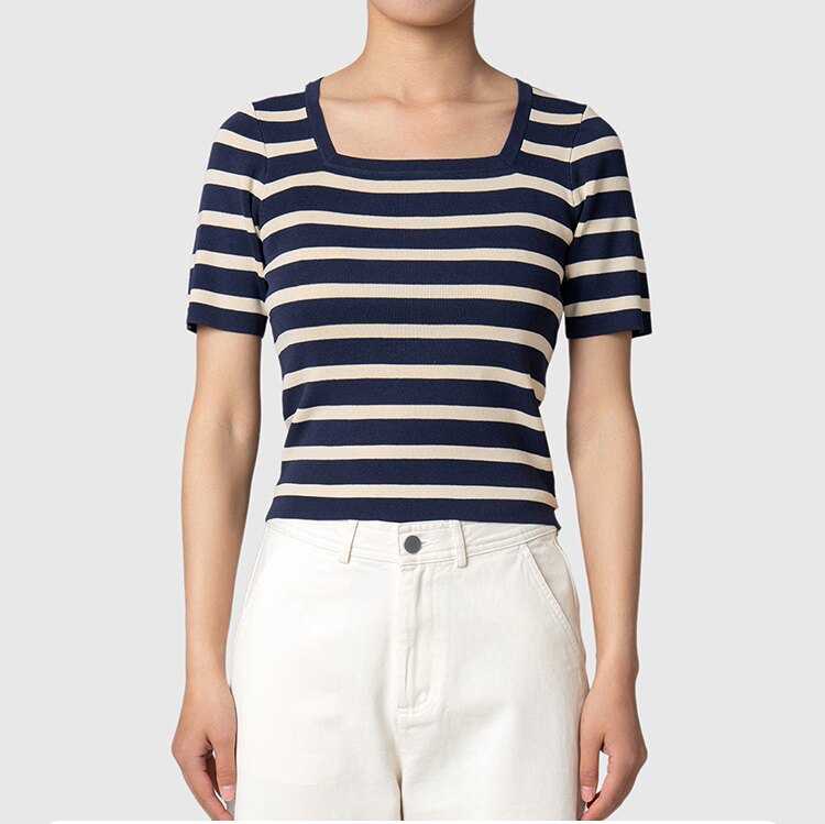 鹿岛什物纪WBA20006女士条纹短袖针织衫高腰短款短袖T恤方领上衣