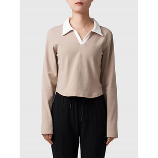 T恤 显瘦撞色V领棉感翻领正肩长袖 鹿岛什物纪WAV20005女士春季 短款