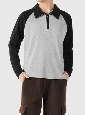 鹿岛什物纪 WEB20001 女士修身拼色半开襟插肩长袖翻领T恤 POLO衫