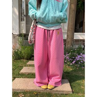 男女宽松休闲百搭运动拖地长裤 2026美式 复古波点印花抽绳阔腿卫裤