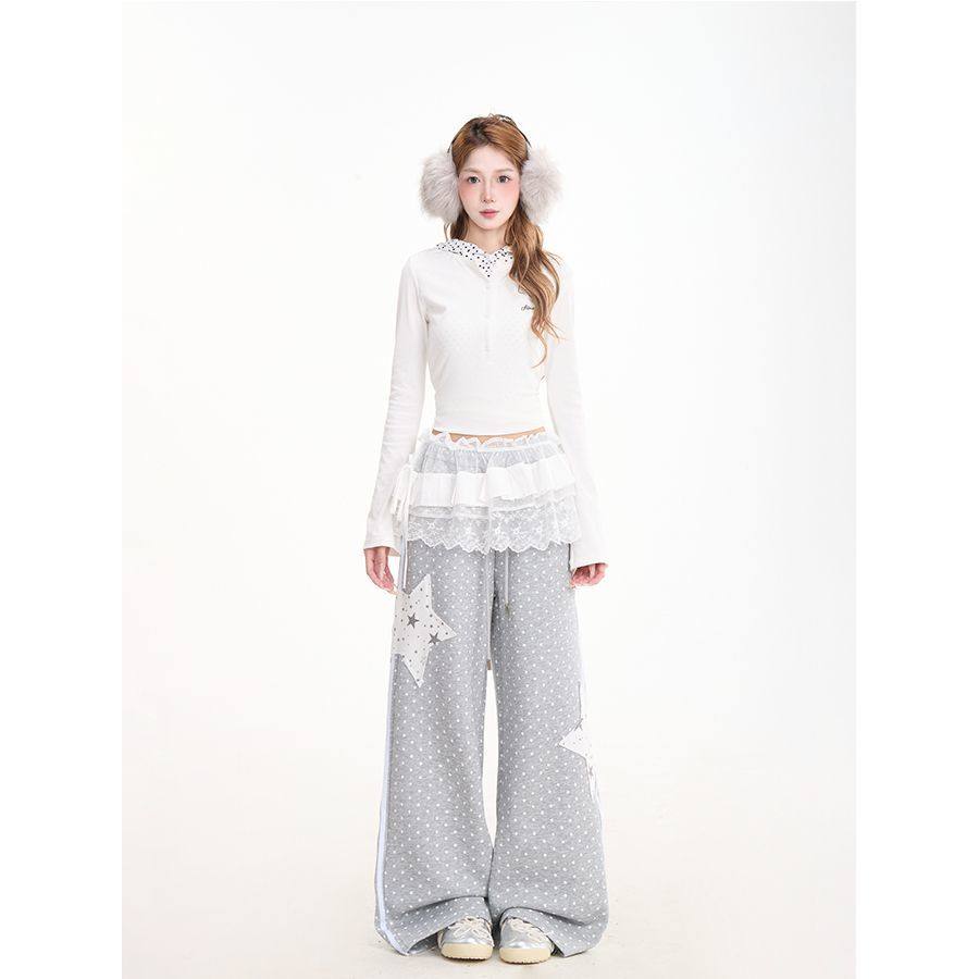 星星贴布满印波点条纹拼接休闲阔腿裤高腰显瘦宽松抽绳运动风长裤