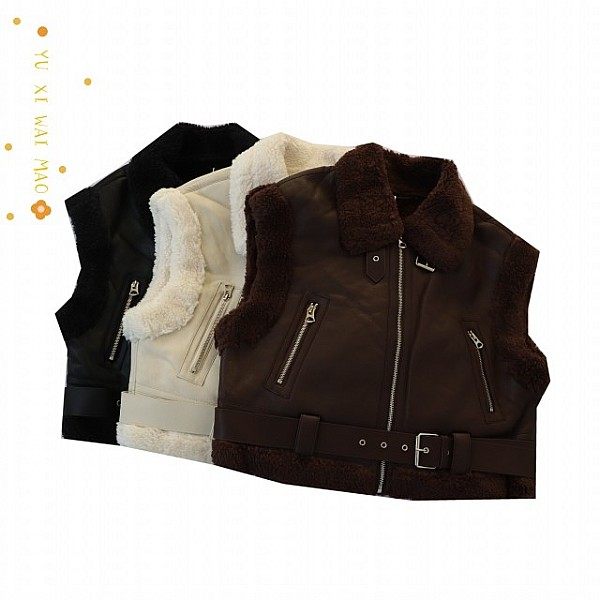 工字型皮毛一体PU马甲拉链坎肩