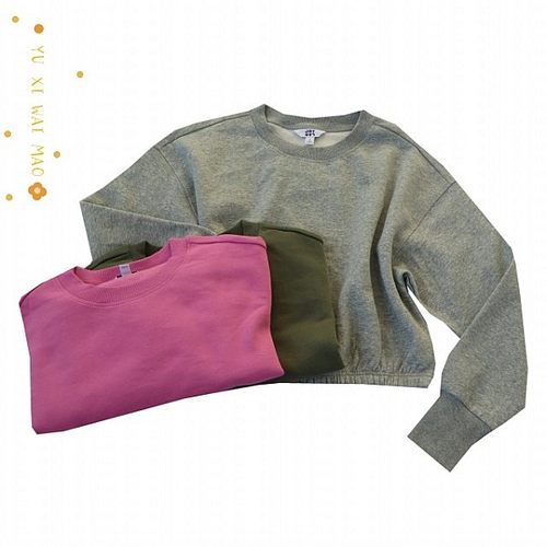 圆领落肩长袖加绒短款卫衣宽松