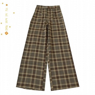 高腰宽松休闲百搭长裤 春季 女士微松紧格子直筒裤 D11 新欧美大码