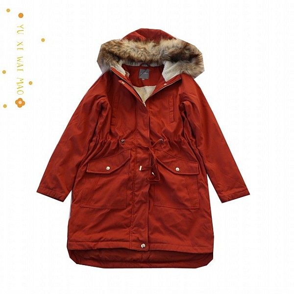 可拆毛领连帽抽绳拉链棉服外套