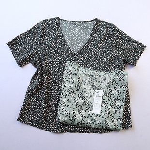 欧美夏季新款女士时尚V领短袖印花衬衫 休闲个性百搭套头衫B11