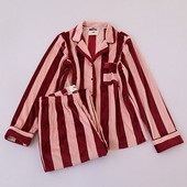 春季 B11 松紧高腰直筒长裤 新款 欧美女士翻领宽条纹单排扣家居套装