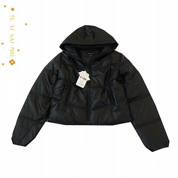 冬季新款欧美女士连帽长袖软皮短款夹棉夹克 保暖拉链时尚外套E2