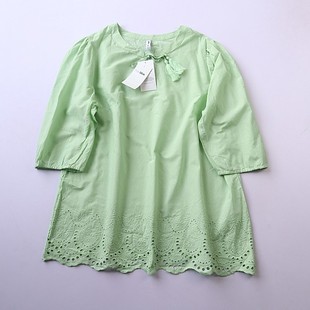 纯棉刺绣衬衫 夏季 欧美女士圆领系带七分袖 宽松纯色套头衫 新款 A15