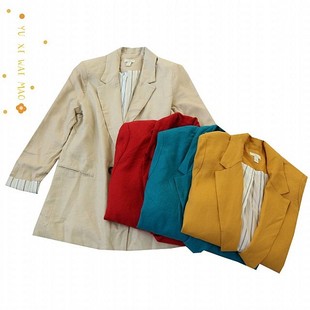 春秋新欧美女士垫肩九分袖麻混纺媳妇 修身休闲纯色开衫外套C11