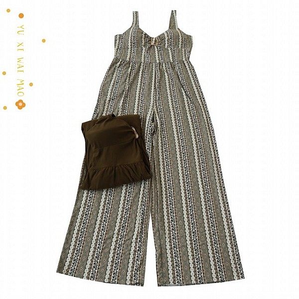 春夏新欧美大码女士性感露背印花吊带连体裤 高腰宽松百搭长裤Y3