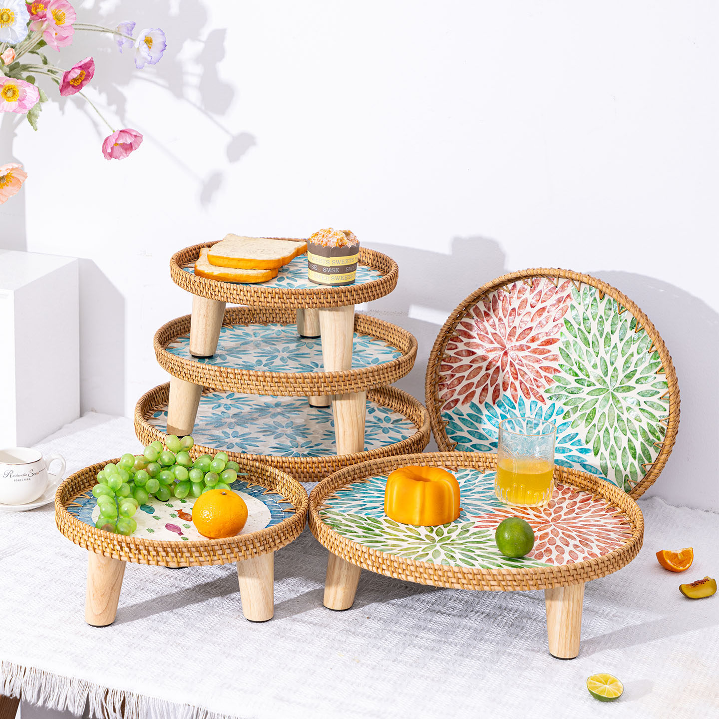 越南藤编彩贝壳糖干水果盘家用创意置物托盘客厅收纳筐点心面包篮