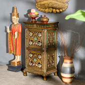 泰国实木餐边柜靠墙双门雕花金箔柜玄关柜收纳储物柜创意复古柜子