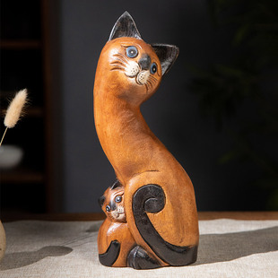 东南亚风实木客厅桌面装 饰品木头子母猫摆件博古架木雕小猫咪摆设