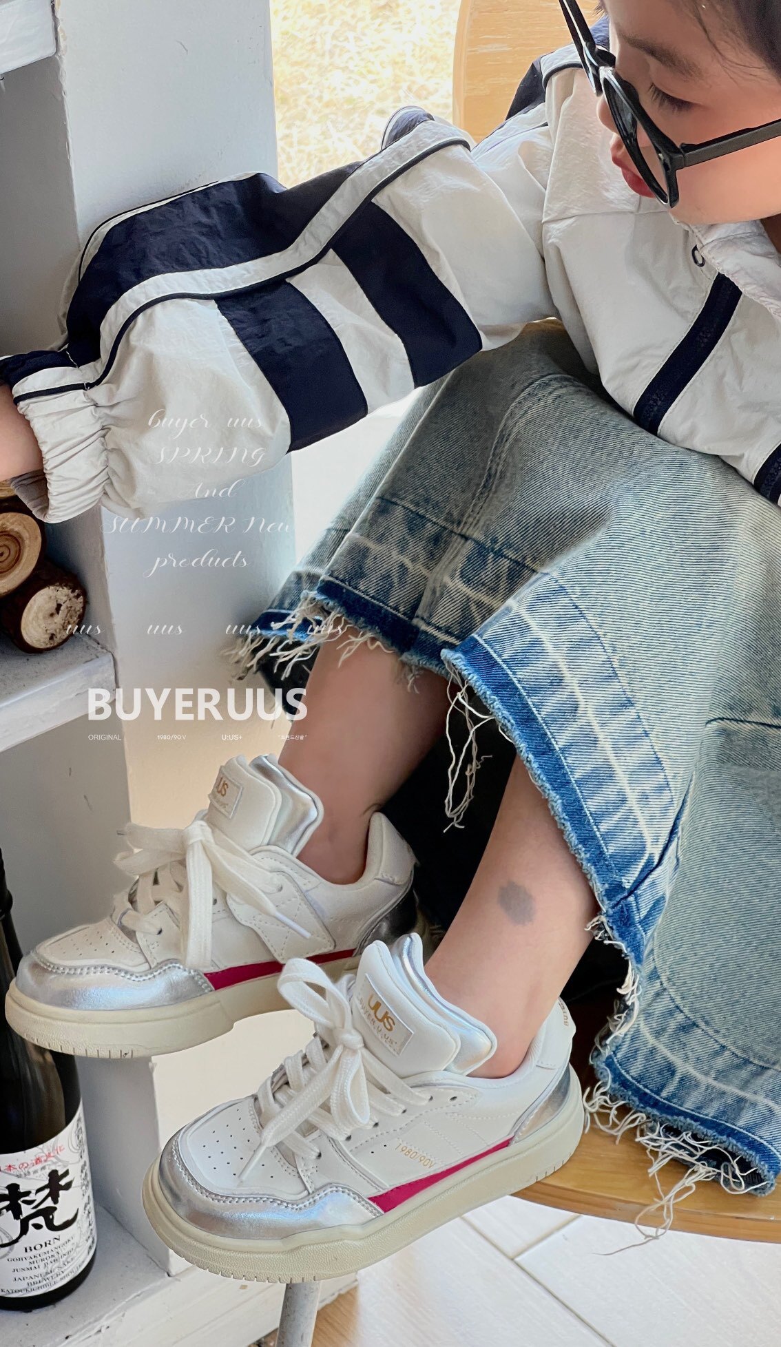 春秋新款韩版货儿童鞋潮牌UUS中大男女童魔术贴白色滑板运动鞋