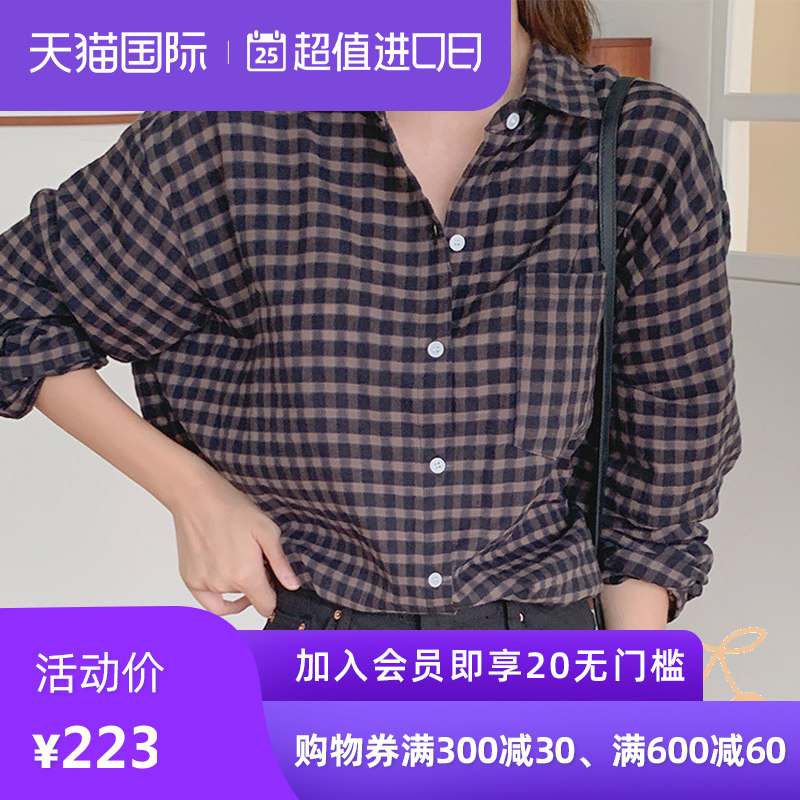 韩国直邮CRKO女士长袖格子衬衫女春秋款宽松韩版复古港味外穿百搭