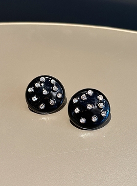 LOve BNN Vintage复古中古S925黑色波点小众气质带钻耳环耳钉耳夹