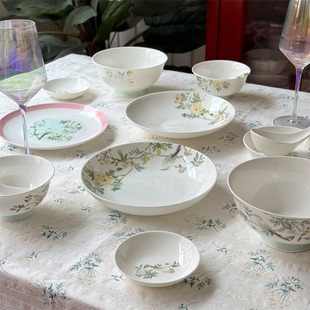 北府 无尽春骨瓷盘子高足米饭碗面碗菜盘汤盘饭盘甜品盘可微波