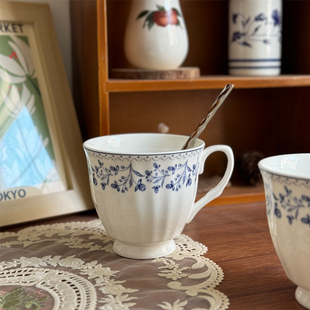 北府釉下彩繁枝骨瓷杯竖纹咖啡杯复古水杯奶茶杯下午茶可微波陶瓷
