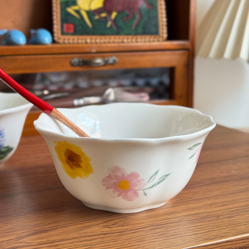 北府 阿莲娜骨瓷甜品碗花边荷口水果碗面碗沙拉碗可微波