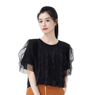 WEWE/唯唯夏季新品女装立体荷叶边网纱泡泡袖小衫休闲短款