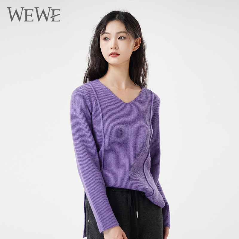 WEWE/唯唯冬季新品女装简约气质时尚通勤V领毛衣休闲打底保暖