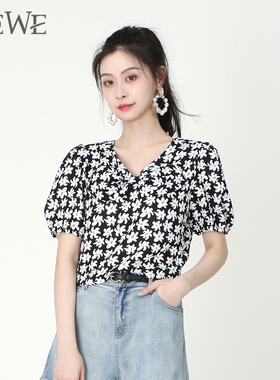 WEWE唯唯夏季新品女装清新气质甜美碎花时尚雪纺上衣大气通勤