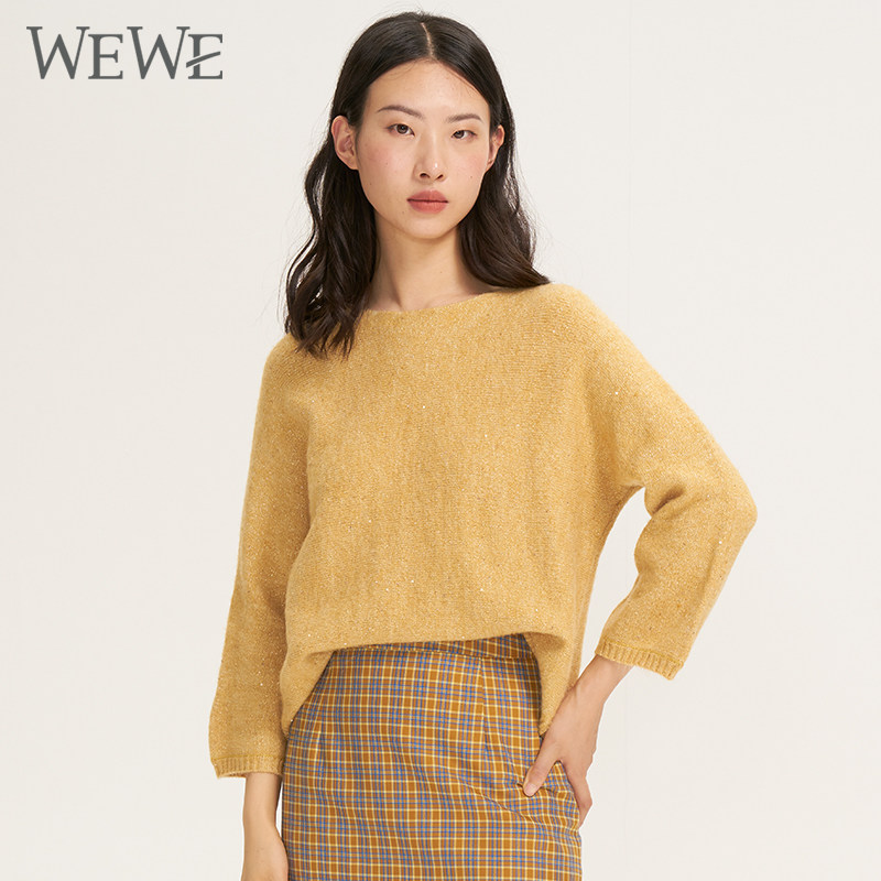 WEWE唯唯秋季新品女装圆领九分蝙蝠袖宽松显瘦遮肉带亮片毛衣