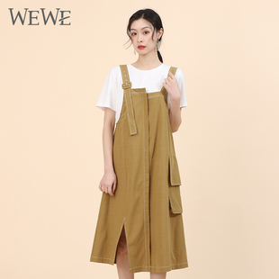 WEWE唯唯夏季不对称拼接开叉侧边大口袋可调节背带裙