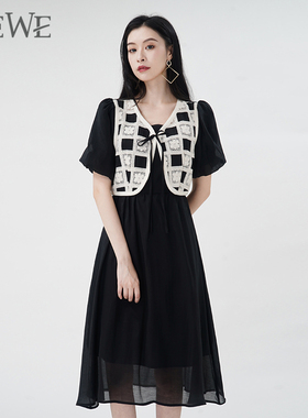WEWE/唯唯夏季新品女装时尚复古休闲通勤假两件连衣裙高腰