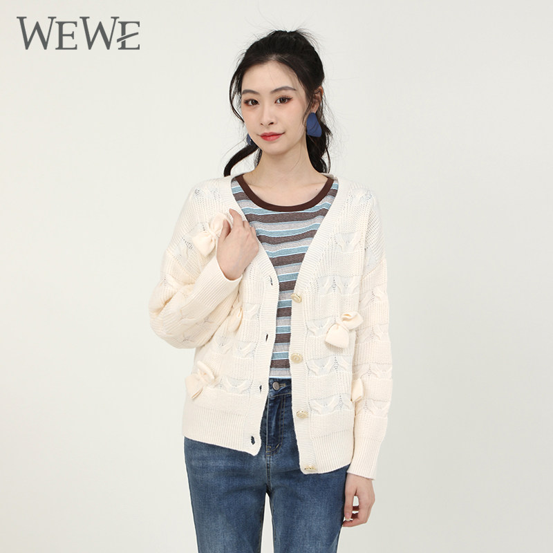 WEWE唯唯春季新品女装宽松百搭慵懒风女士开衫蝴蝶结甜美镂空